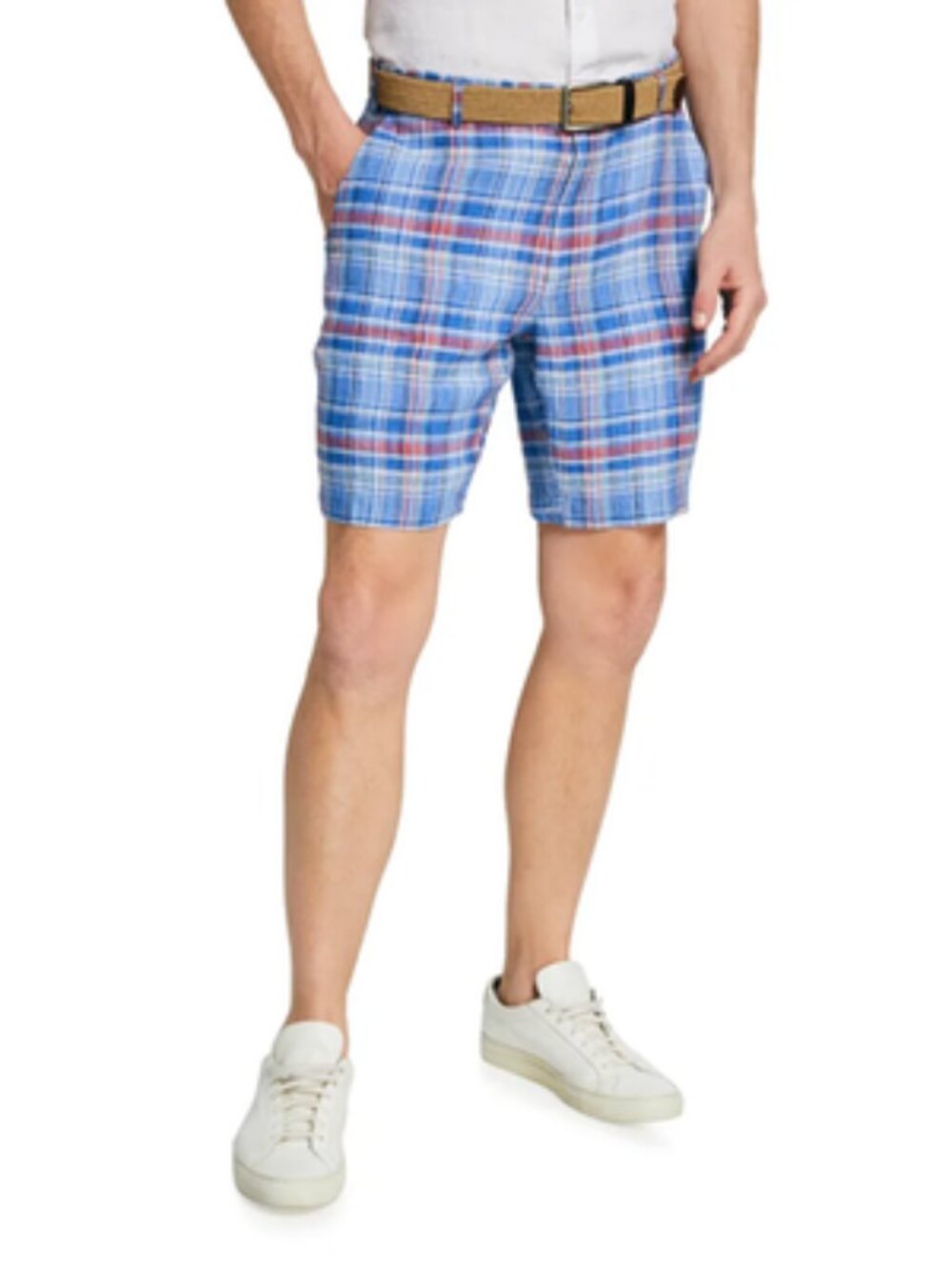 Peter Millar Men's Blue~Seaside Madras Plaid Linen Golf Shorts Size 32